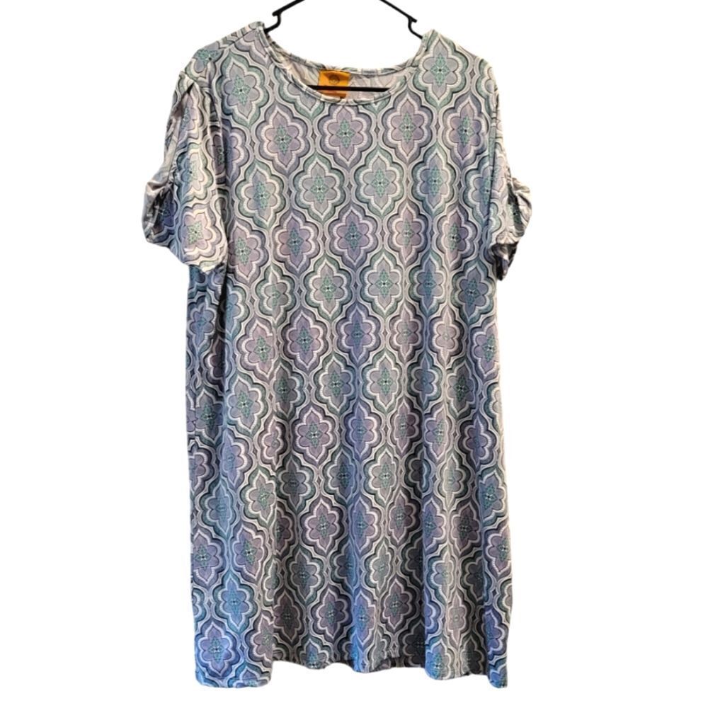 Ruby Rd short sleeve shift Tee dress. Size PXL. Blue Slate, White, Purple, Green